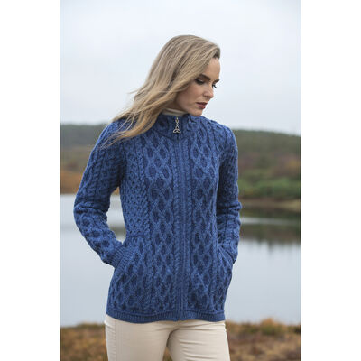 West End Knitwear Blue Colour Yeats Plated Zip Cardigan 100% Merino Wool